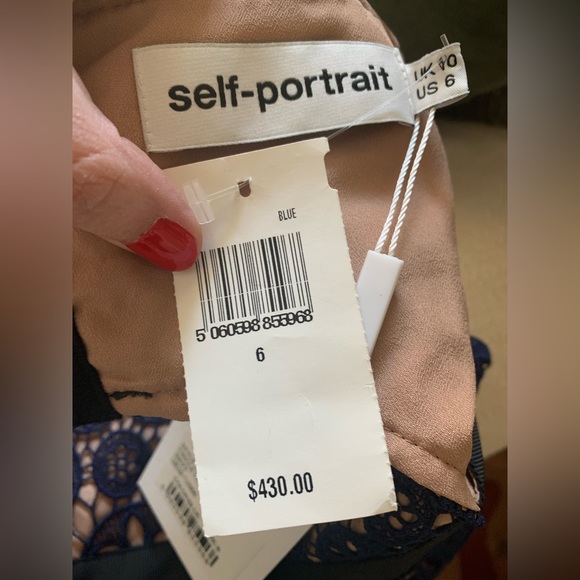 NWT Self-Portrait Circle Blue Navy Lace Asymmetric Hem Midi Cocktail Dress Sz 6 - Picture 6 of 9